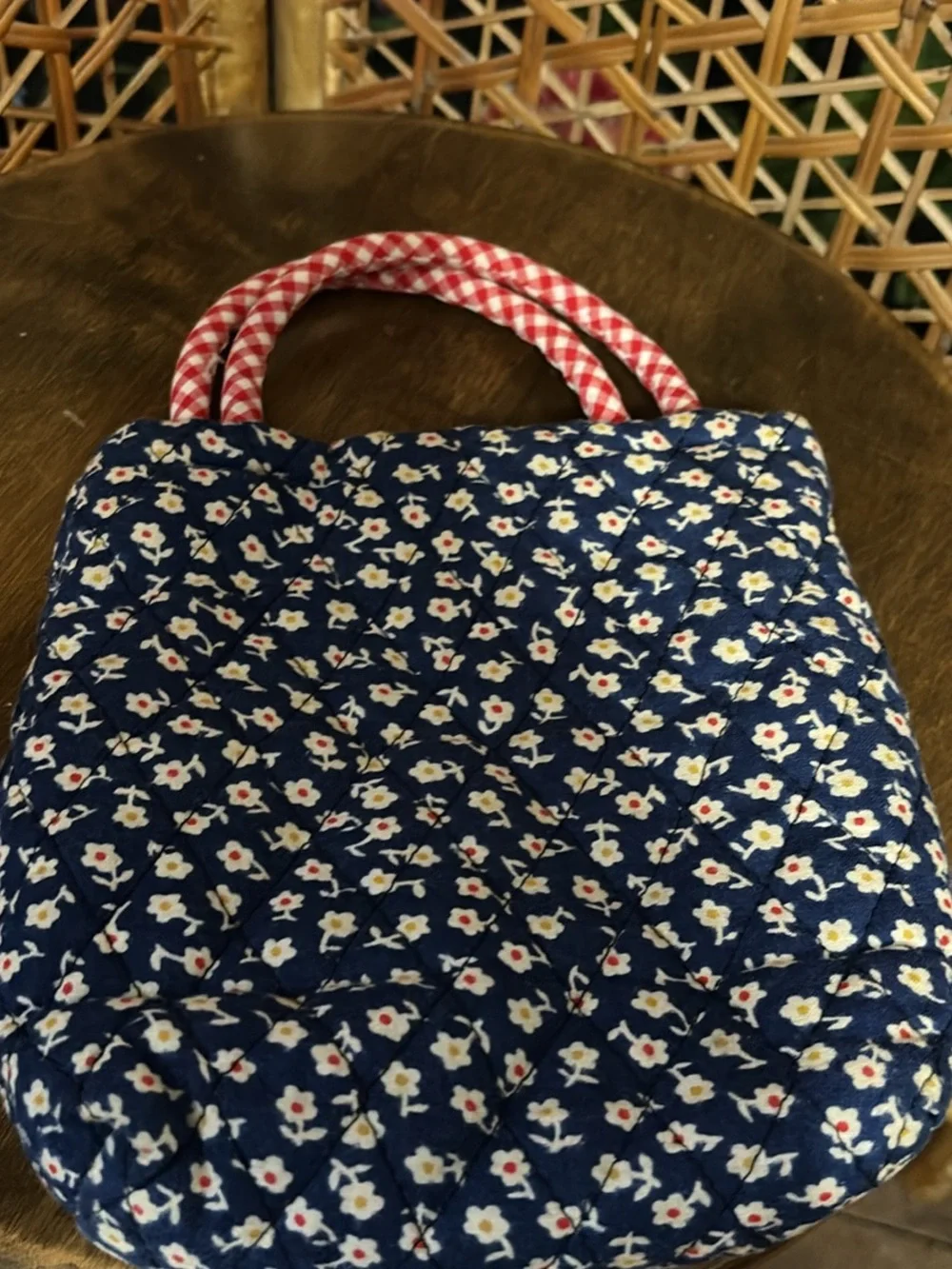 Russ Navy Floral Clown Tote with Orange Pom-Poms